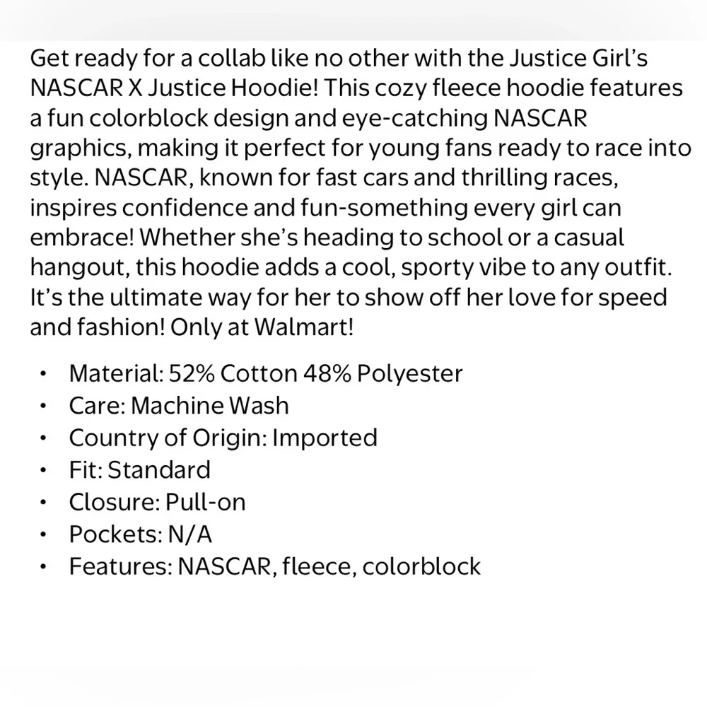 Justice x NASCAR Girls Fleece Hoodie NWT XS 5/6 Pearl Heather Colorblock